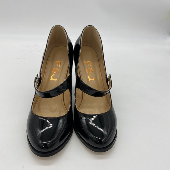 FSJ Black Patent Leather Mary Jane Chunky Heels - Picture 2 of 8